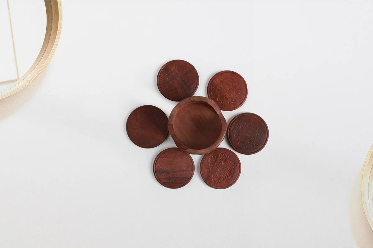 Wooden Carved Handmade Drink Coasters - Set of 6