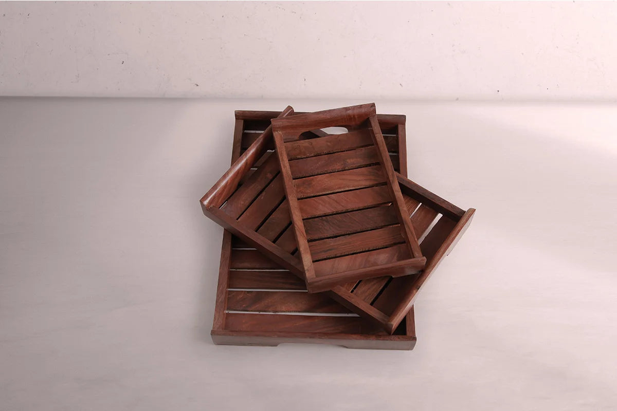 Wooden Serving Tray Set of 3 - Walnut