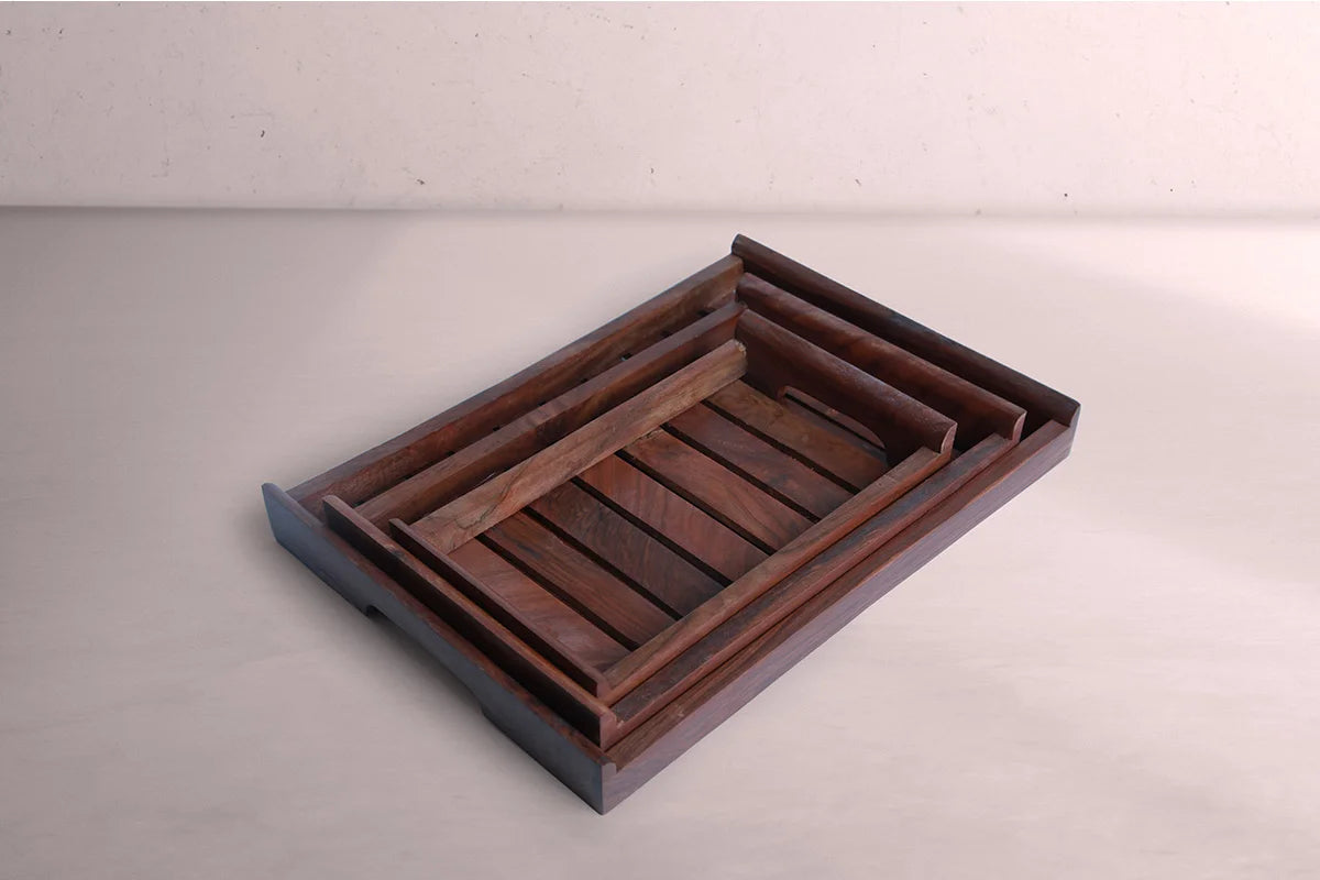 Wooden Serving Tray Set of 3 - Walnut