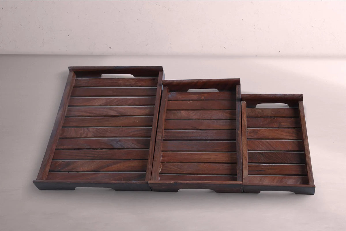 Wooden Serving Tray Set of 3 - Walnut